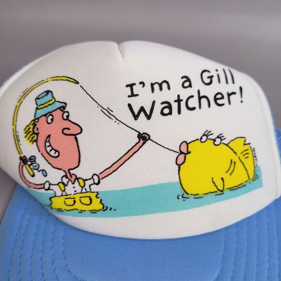 Vintage 90s Streetwear I'm A Gill Watcher Fishing Trucker Hat Cap Snapback Blue - Picture 2 of 7